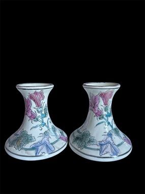 vintage Toyo porcelain candlestick  a flared base decorated with  floral motifs.